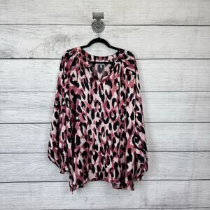 Belle Kim Gravel Plus Size Black & Pink Leopard Print Long Sleeve Blouse Size 4X